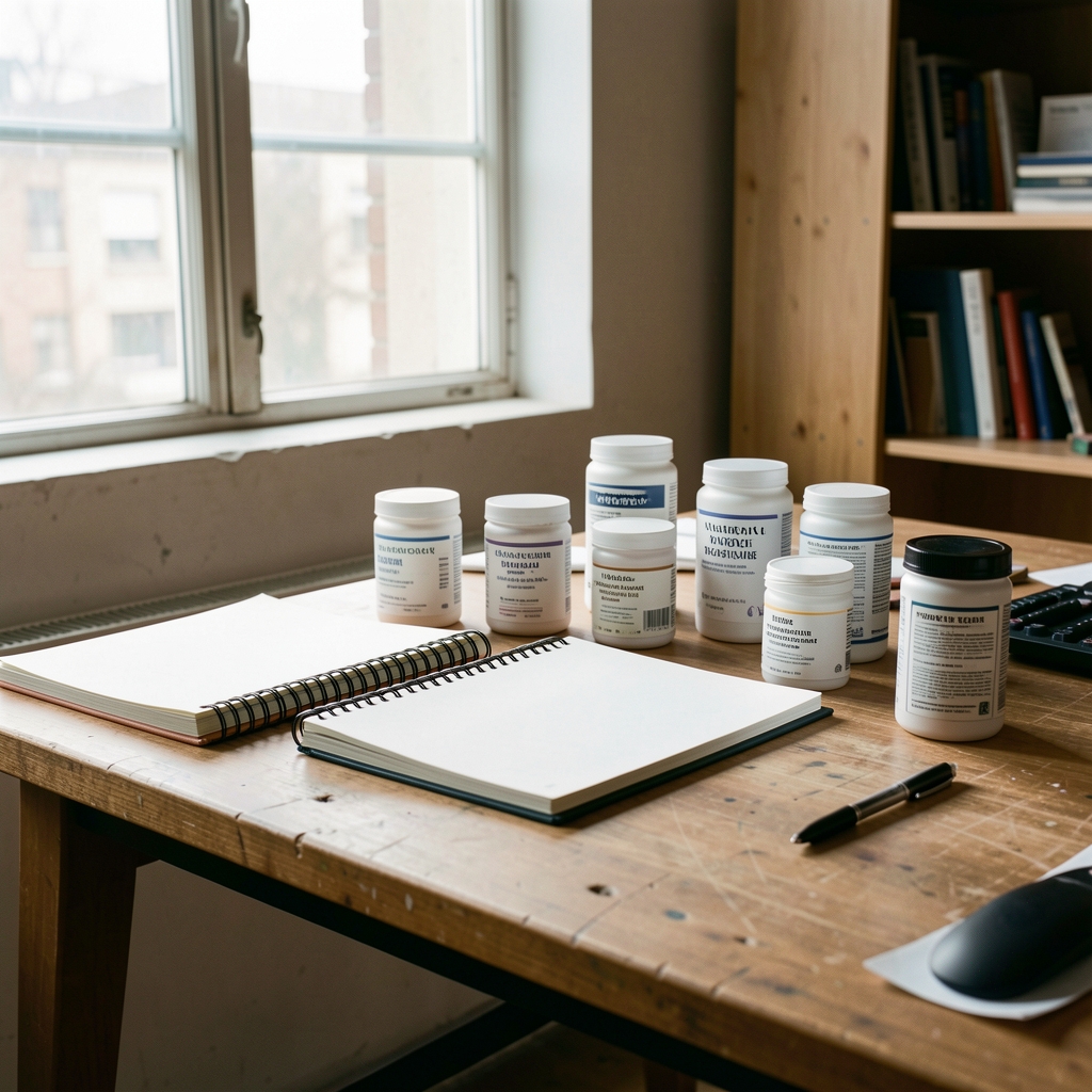 Editorial studio workspace with notebook, pen, and supplement packaging arranged on a pale wooden surface in natural light