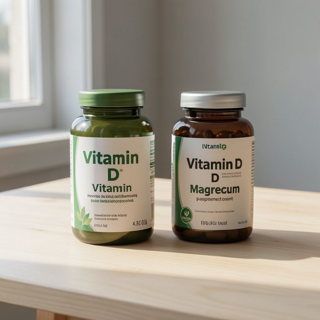 Vitamin D and magnesium supplement containers positioned on a pale wooden surface, morning light from a side window, editorial still-life composition
