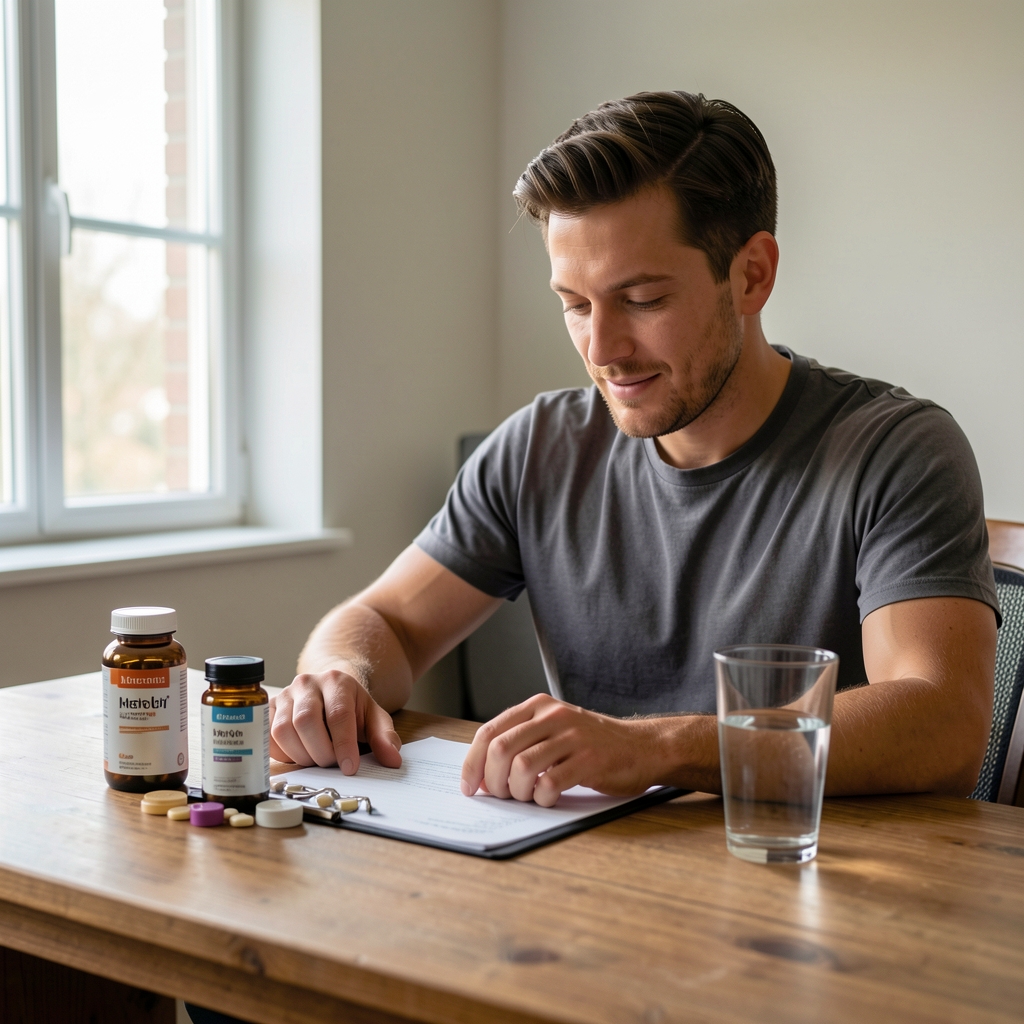 Man preparing a morning supplement routine at a wooden desk, glass of water beside supplement containers, natural daylight from window