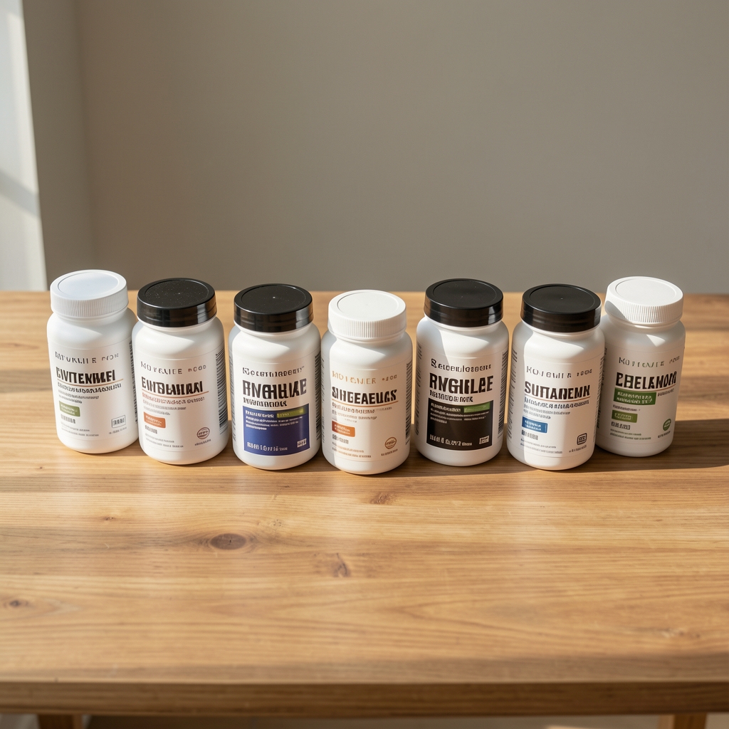 Row of supplement containers on a wooden desk in soft morning light, editorial overhead composition, neutral background
