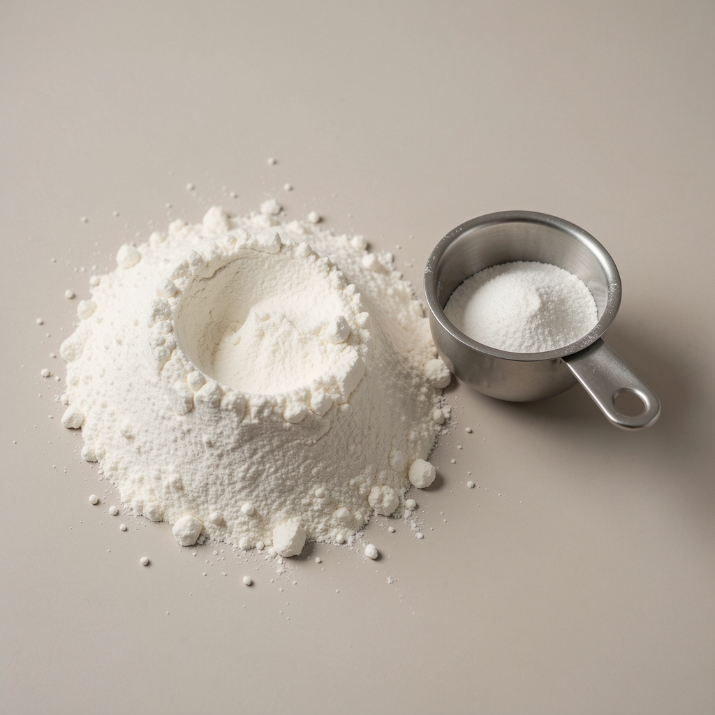 Protein powder and creatine measuring scoop on a neutral background, editorial product flat lay, natural side lighting
