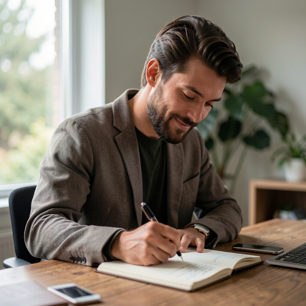 Man journalling supplement notes at a wooden desk, soft natural window light, editorial portrait composition