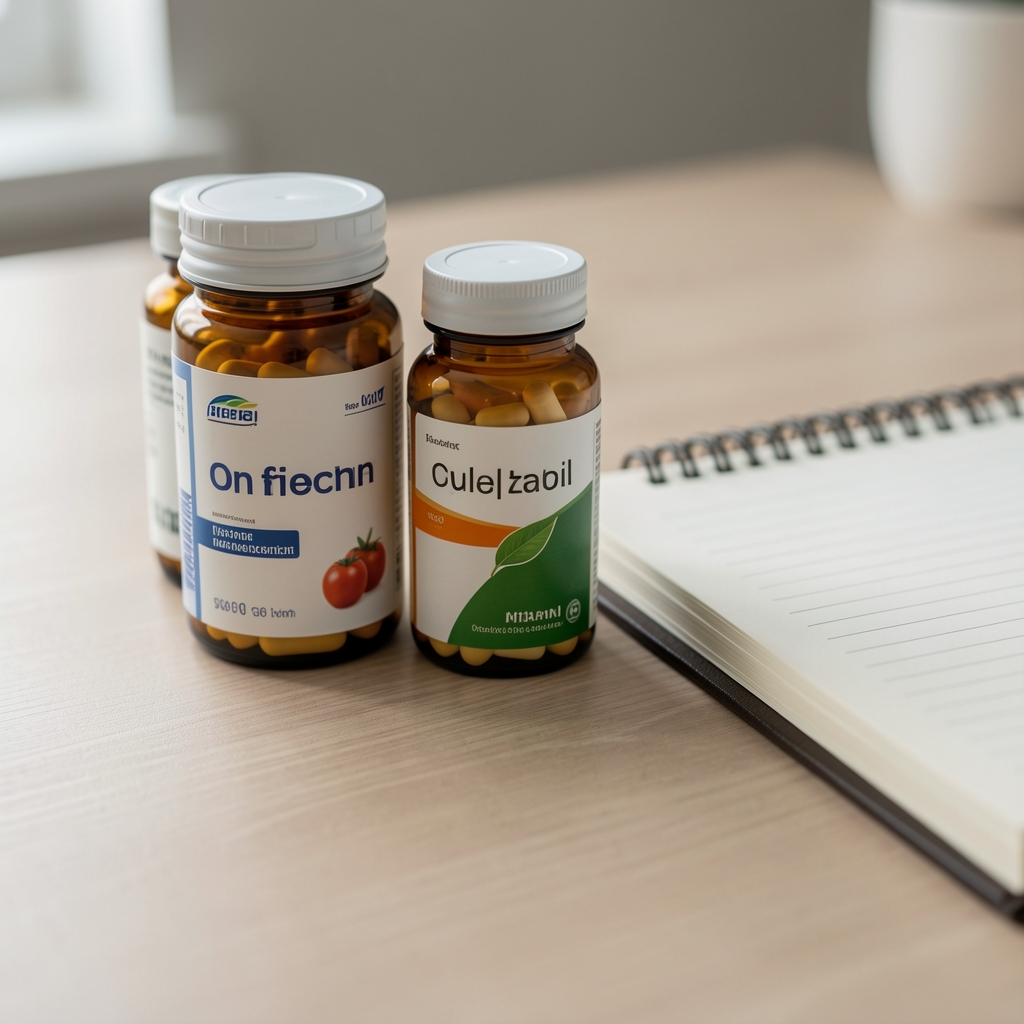 Close-up of vitamin containers and a notebook on a neutral desk surface