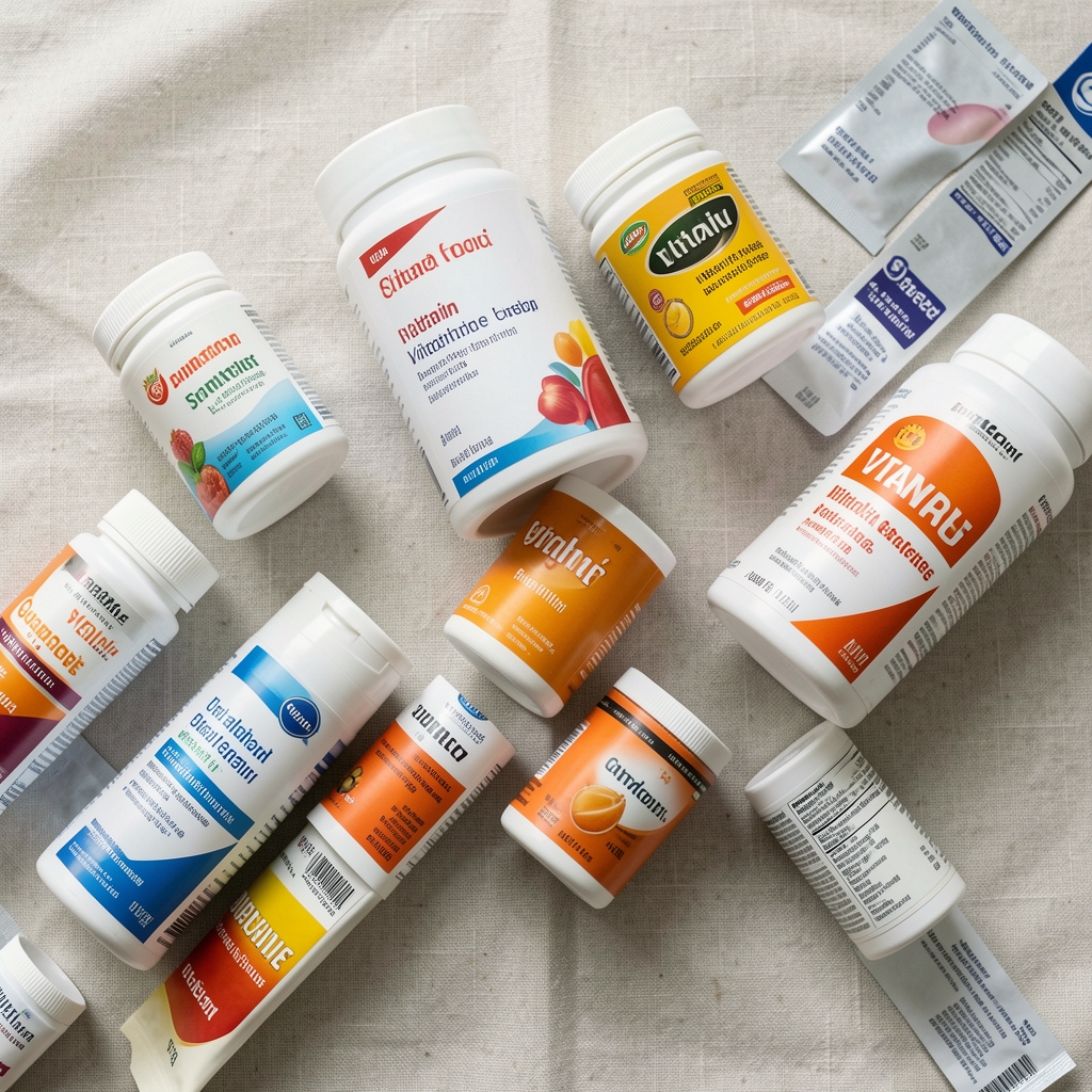 Close-up of multiple vitamin supplement labels arranged on a pale linen surface, editorial flat lay photography