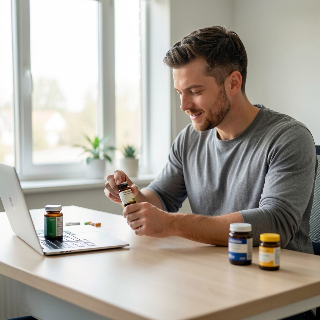 Man preparing a morning supplement routine at a clean desk with vitamin containers in natural daylight, editorial composition